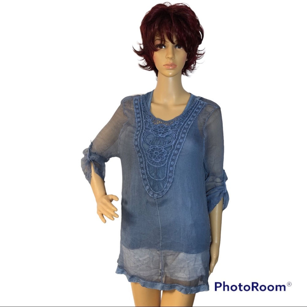 Beautiful sheer slate blue boho blouse/tank combo